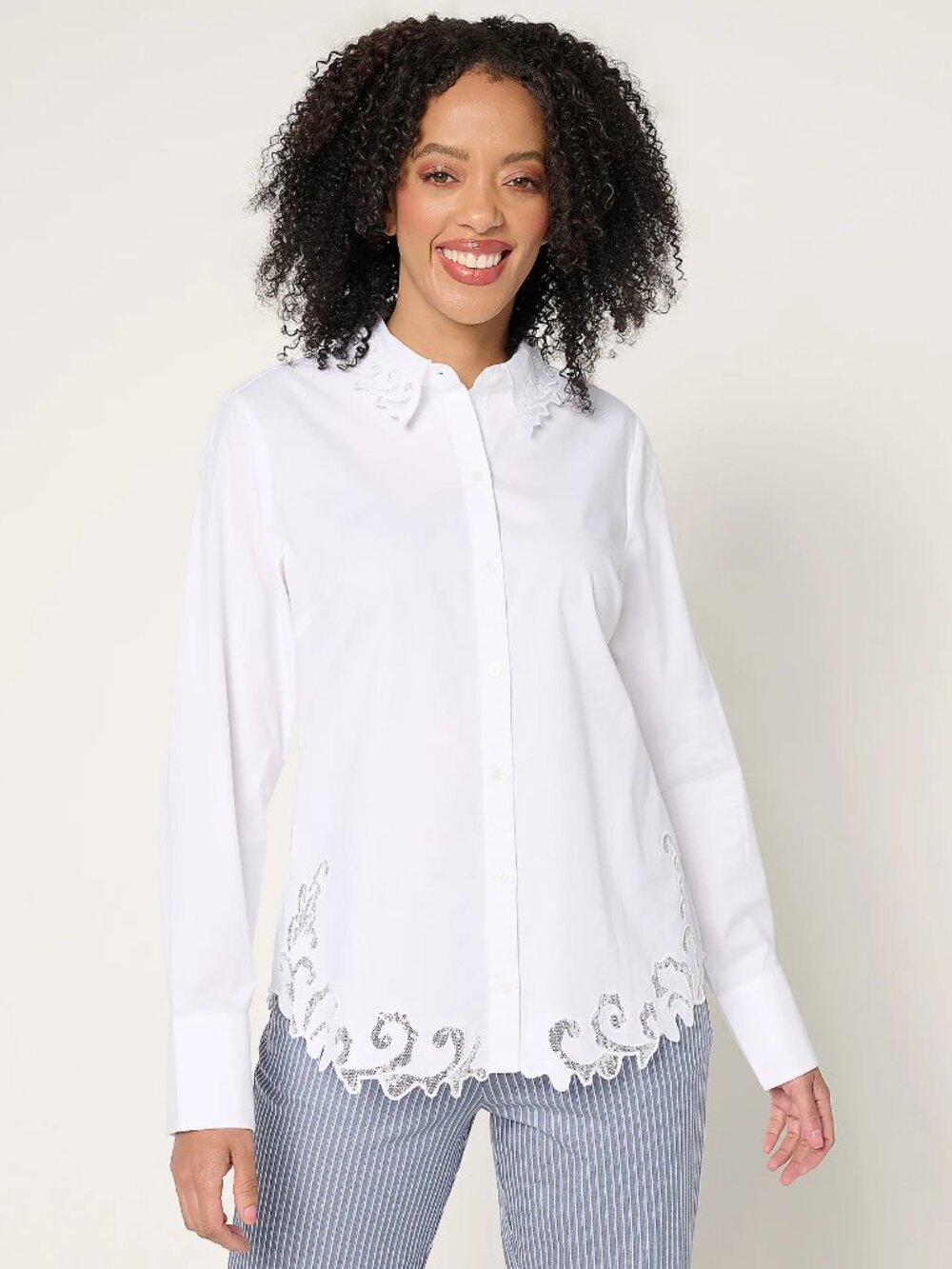 BEAUTIFUL by Lawrence Zarian Button Front Shirt w/Lace Detail, White Sz L a68580
